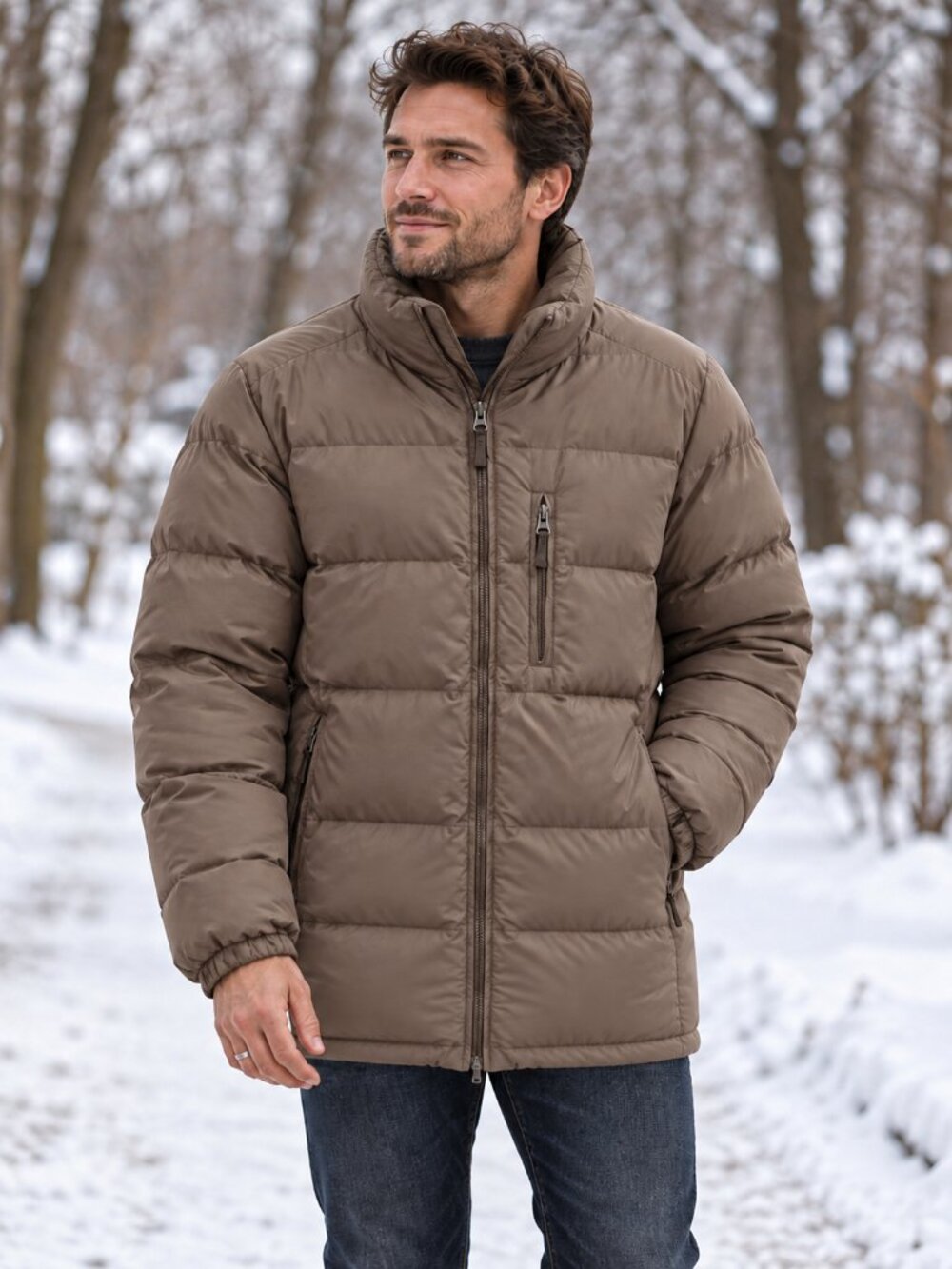 BRANDON THOMAS Men's Jacket Puffer Duck Down Quilted Design Zip-Up Med. Brown L
